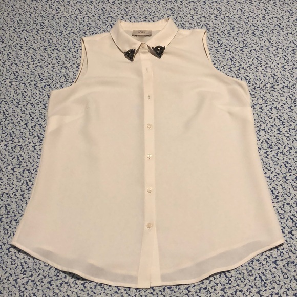 Anne Taylor LOFT White Bejeweled Collared Button-down Tank Size: SP - Picture 1 of 5